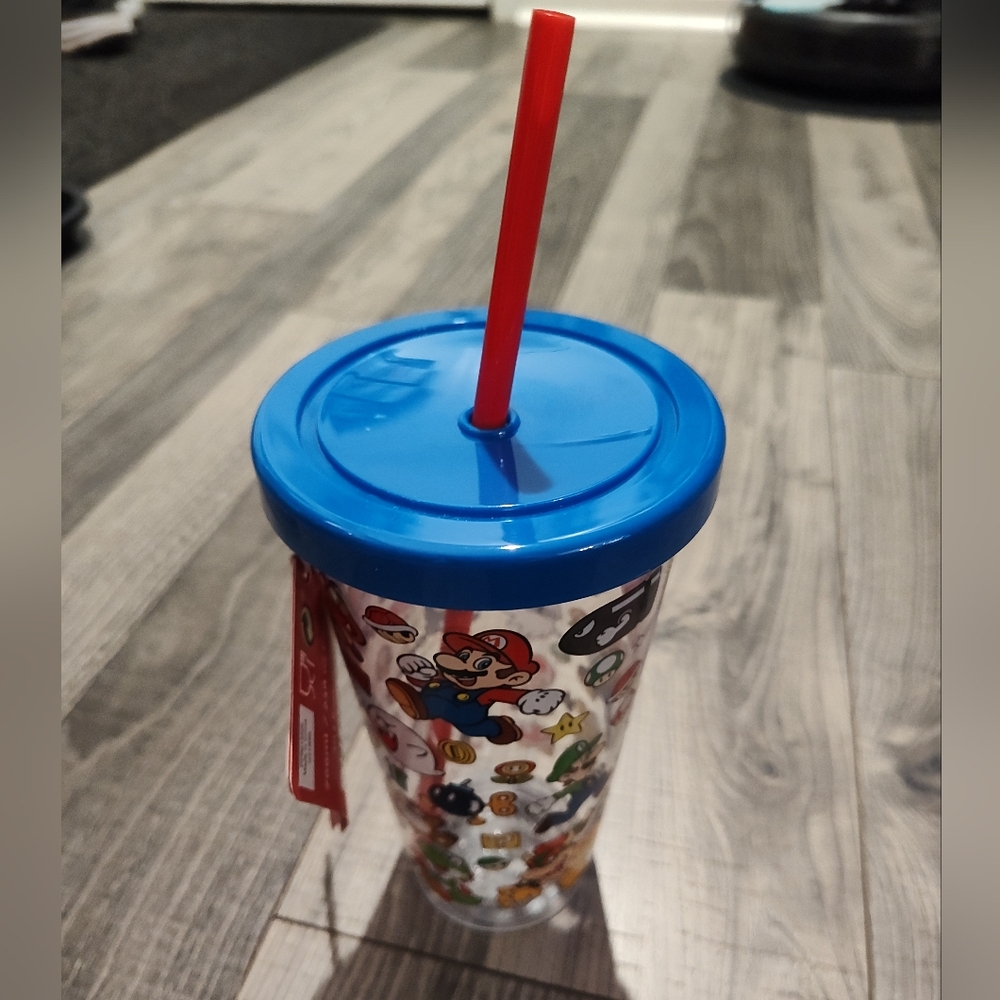 Clear Super Mario Tumbler with Blue Lid and Red Straw